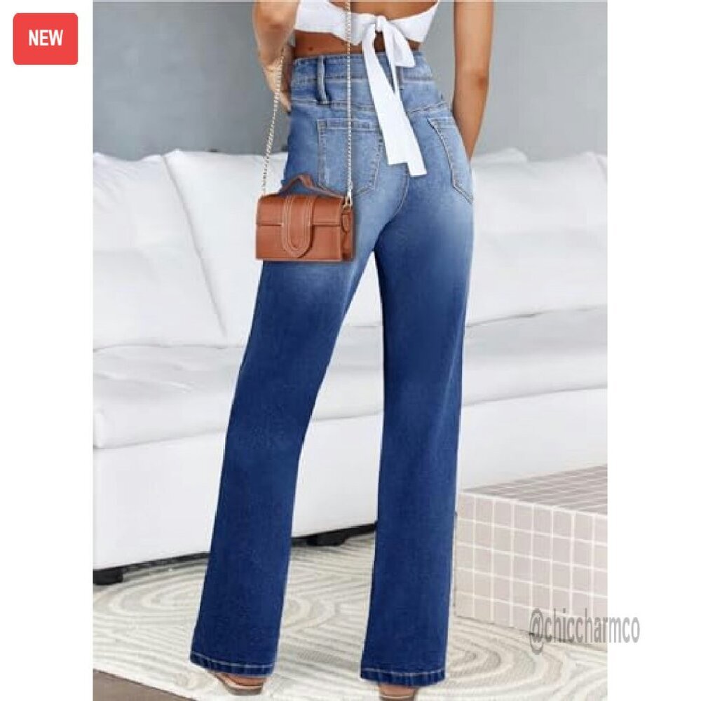 High Waisted Wide Leg Stretchy Denim Jeans Women's Buttoned Pants - Picture 3 of 8